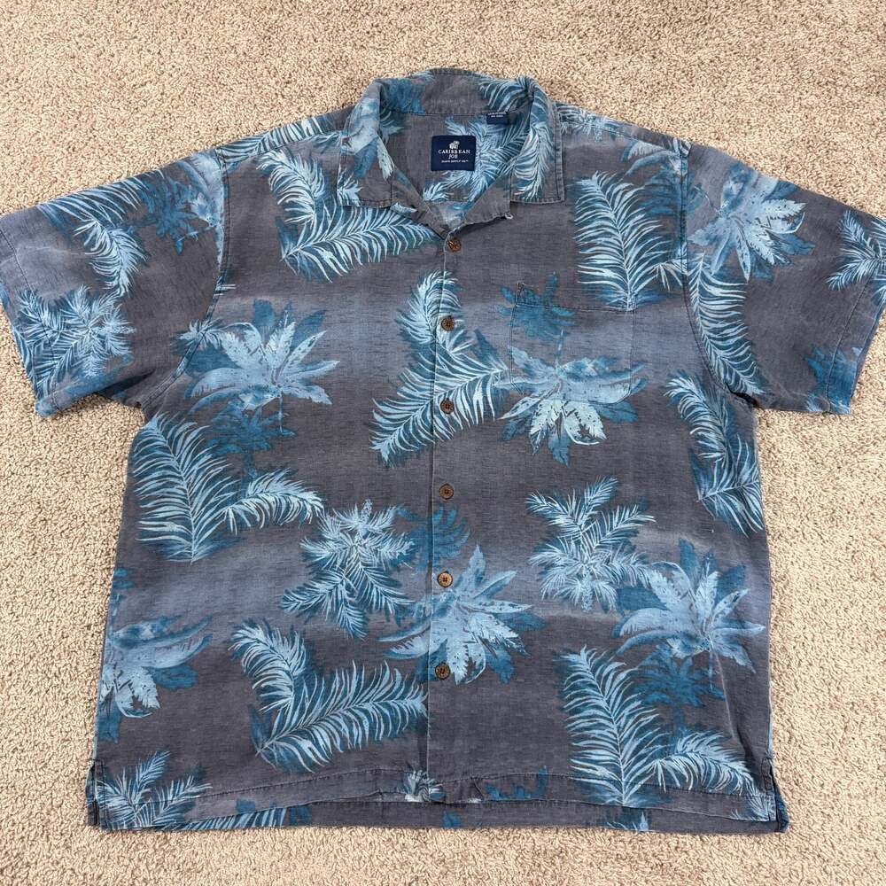Caribbean Joe Hawaiian Shirt Mens XL Blue Palm Leaf Tropical Camp Button Up